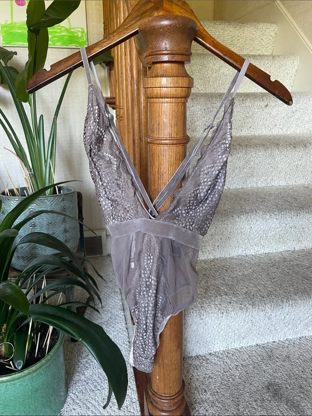 Victoria's Secret Sheer Lace V-Neck Teddy - Taupe Gray